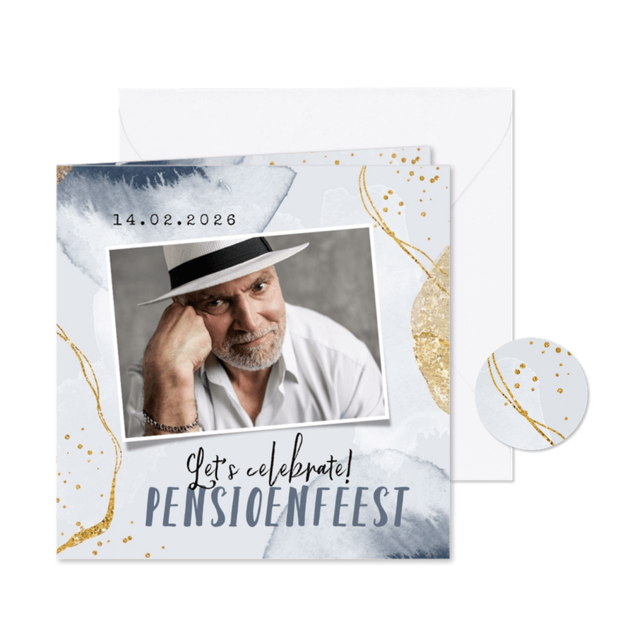Uitnodigingskaart gouden details waterverf foto pensioen  - Kaartimpressie