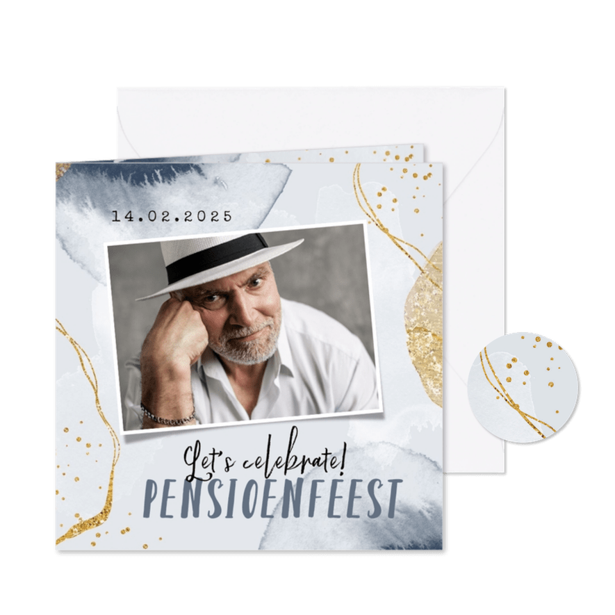 Uitnodigingskaart gouden details waterverf foto pensioen - Kaartimpressie