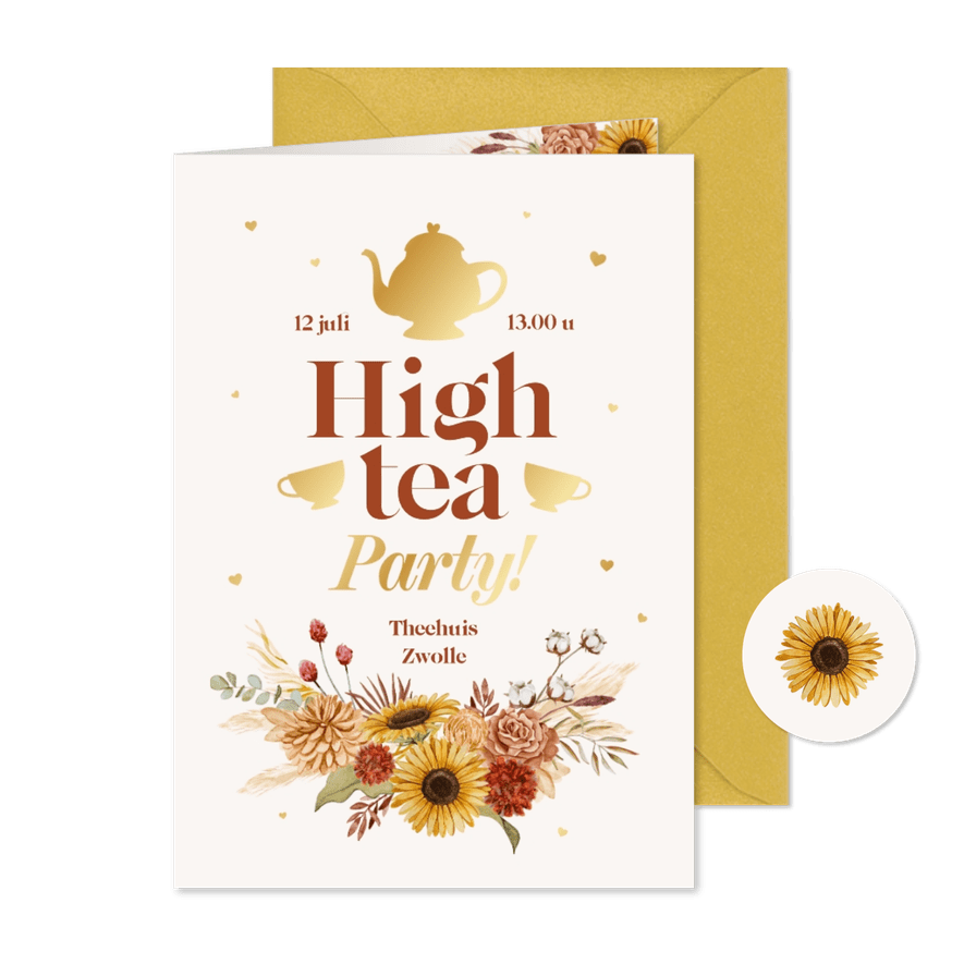 Uitnodigingskaart high tea bloemen goud theepot kopjes - Kaartimpressie
