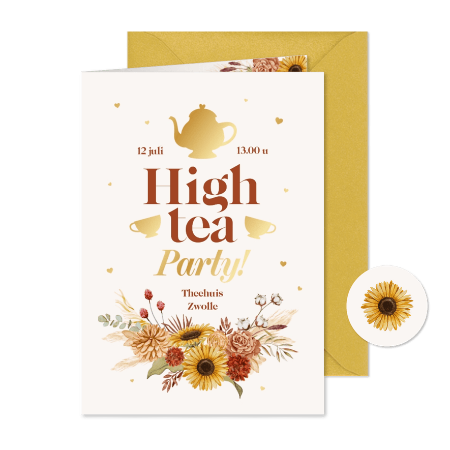 Uitnodigingskaart high tea bloemen goud theepot kopjes - Kaartimpressie