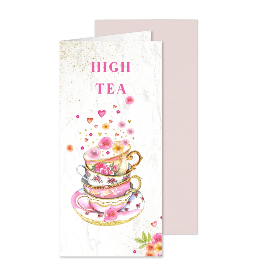 Uitnodigingskaart High Tea kopjes bloemen - Kaartimpressie