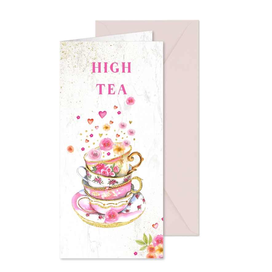 Uitnodigingskaart High Tea kopjes bloemen - Kaartimpressie