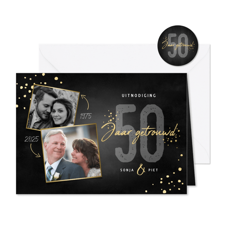 Uitnodigingskaart jubileum 50 jaar gouden spetters en foto's - Kaartimpressie