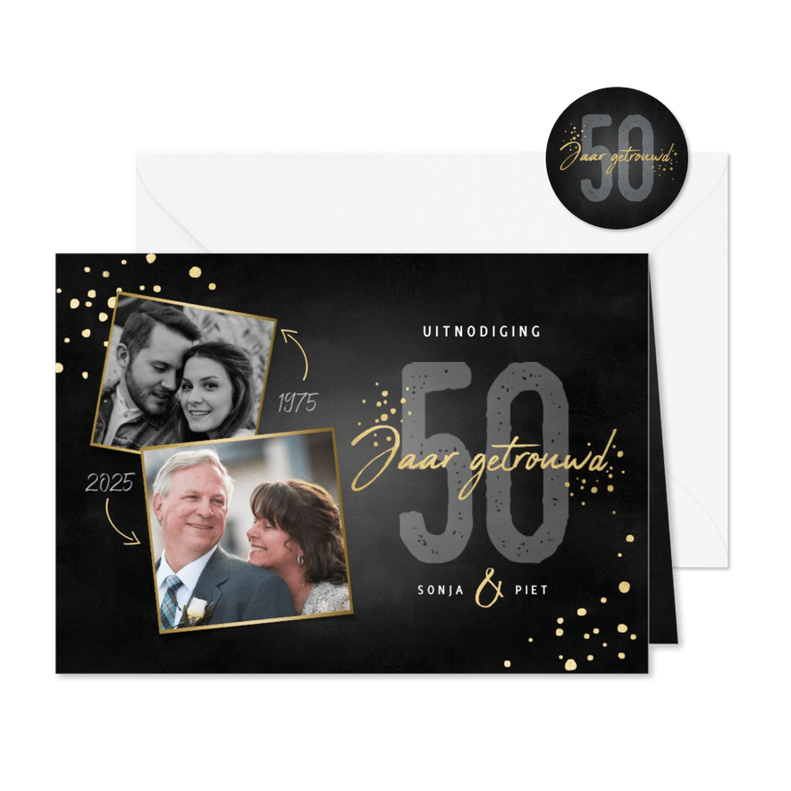 Uitnodigingskaart jubileum 50 jaar gouden spetters en foto's - Kaartimpressie