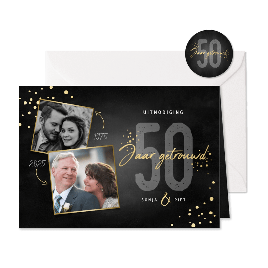 Uitnodigingskaart jubileum 50 jaar gouden spetters en foto's - Kaartimpressie