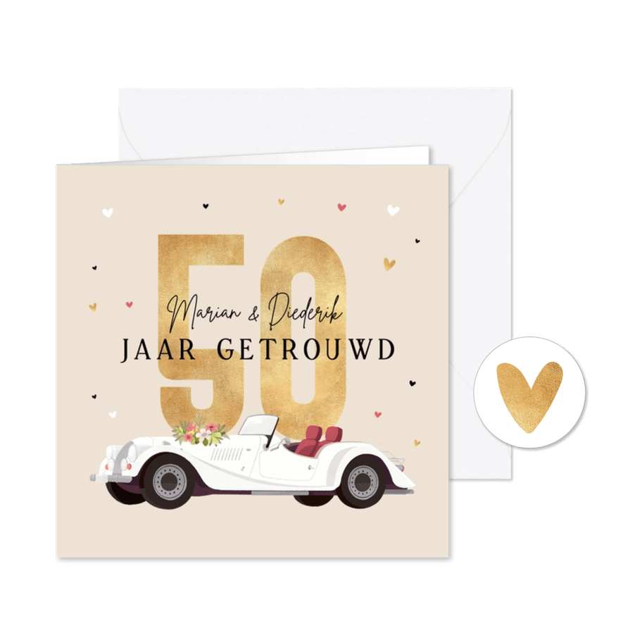 Uitnodigingskaart jubileum 50 jaar vintage oldtimer hartjes - Kaartimpressie