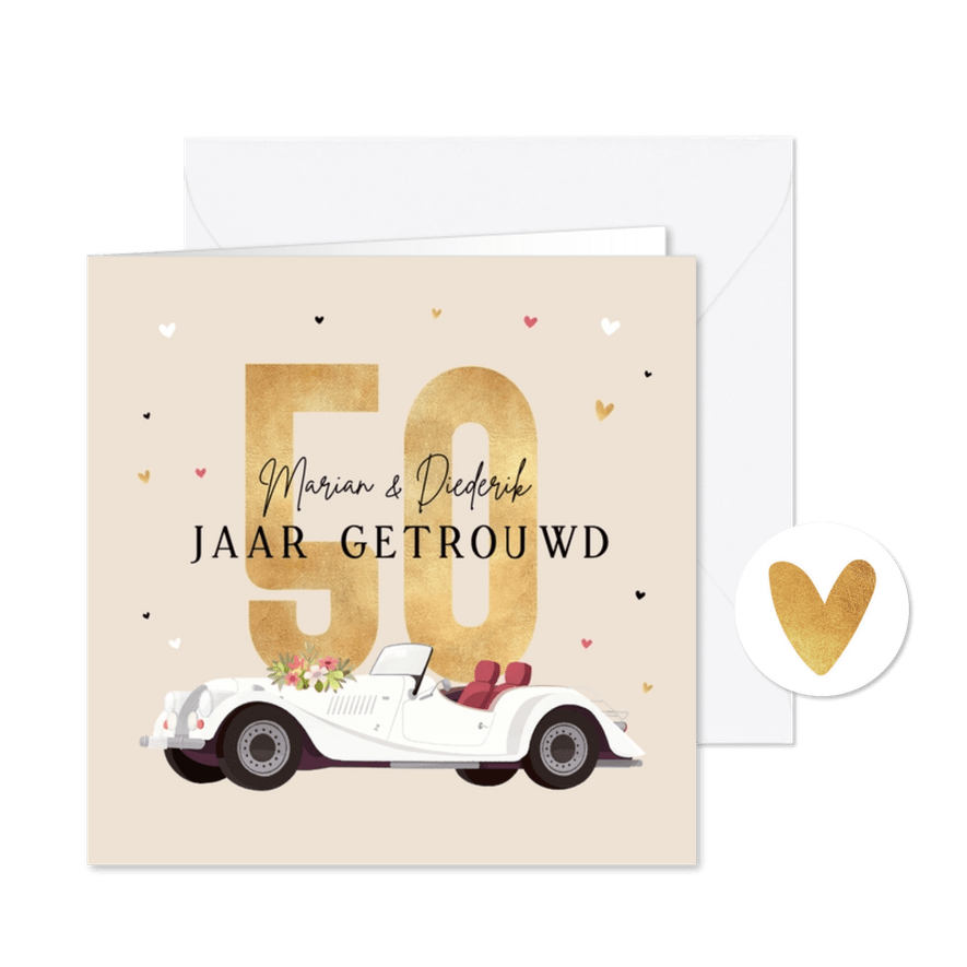 Uitnodigingskaart jubileum 50 jaar vintage oldtimer hartjes  - Kaartimpressie