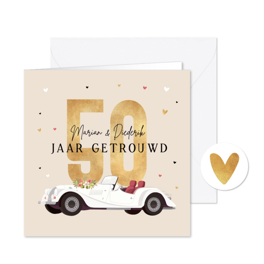 Uitnodigingskaart jubileum 50 jaar vintage oldtimer hartjes  - Kaartimpressie