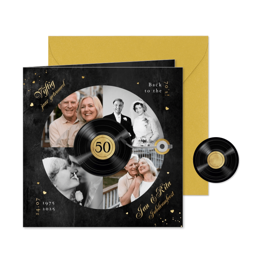 Uitnodigingskaart jubileum LP plaat muziek feestje goud foto - Kaartimpressie