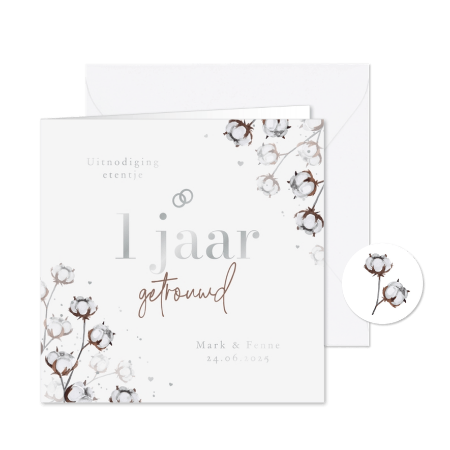 Uitnodigingskaart jubileumfeest 1 jaar getrouwd katoen - Kaartimpressie