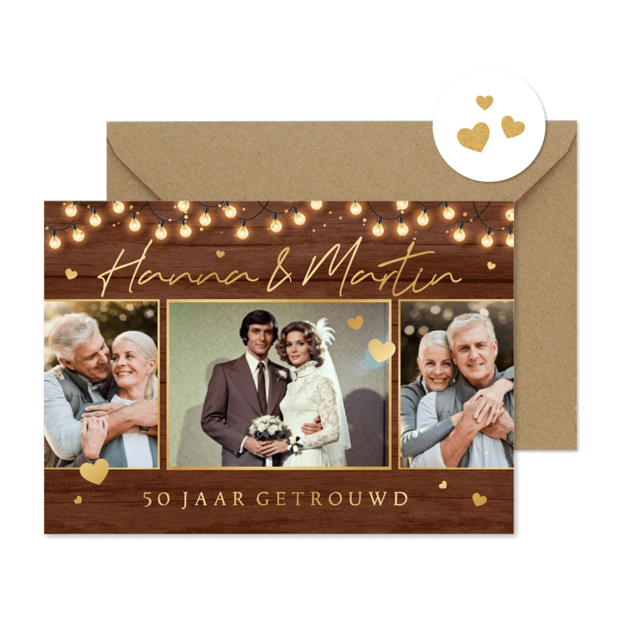 Uitnodigingskaart jubileumfeest hout goud lampjes confetti - Kaartimpressie