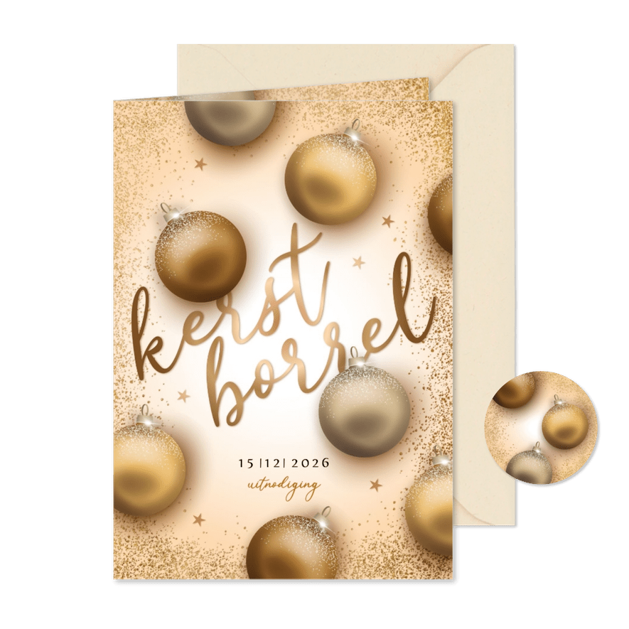 Uitnodigingskaart kerstborrel gouden kerstballen - Kaartimpressie