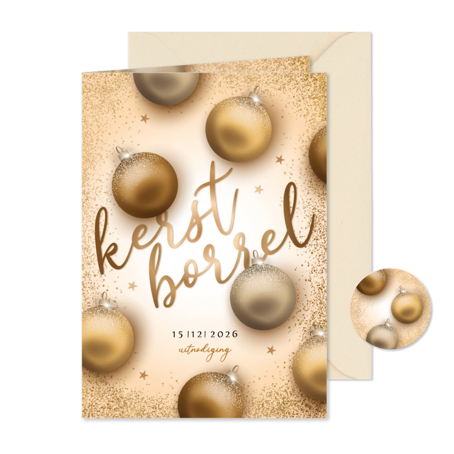 Uitnodigingskaart kerstborrel gouden kerstballen - Kaartimpressie