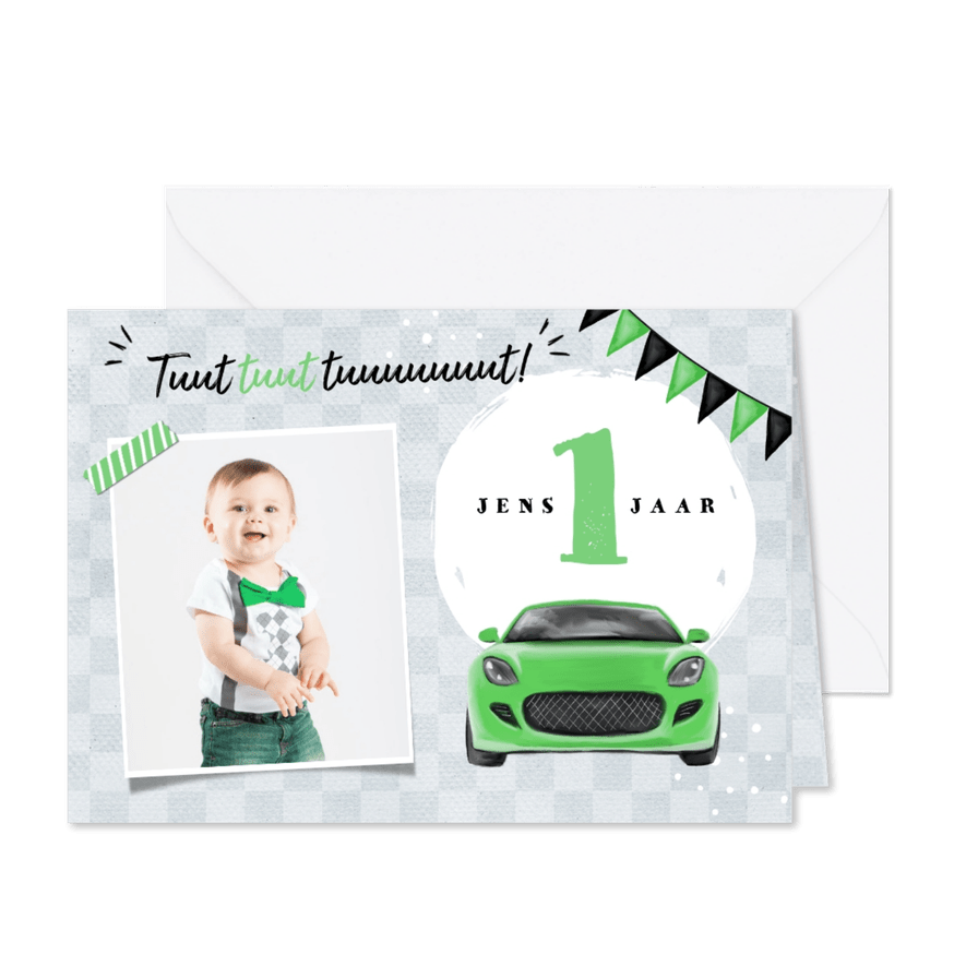 Uitnodigingskaart kind 1 jaar auto groen vlaggen foto - Kaartimpressie