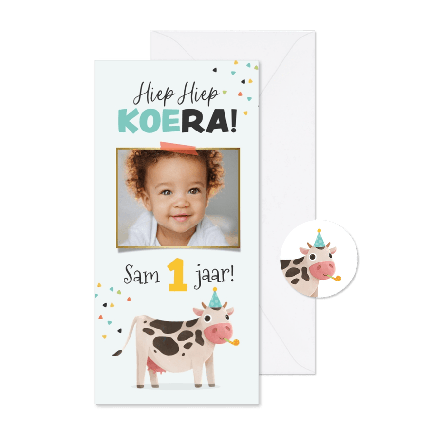Uitnodigingskaart kind koe boerderij confetti foto - Kaartimpressie