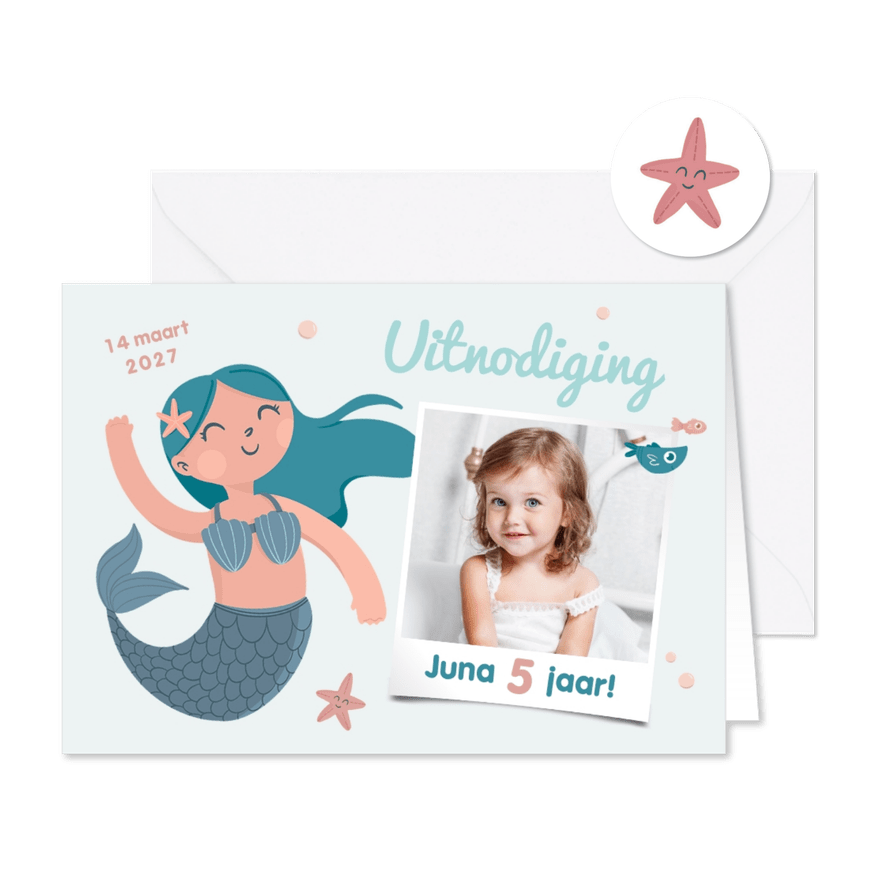 Uitnodigingskaart kinderfeestje meisje zeemeermin foto - Kaartimpressie