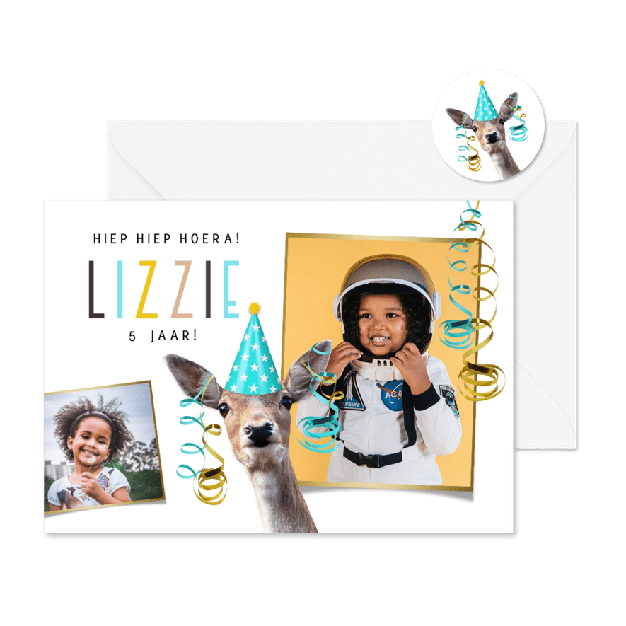 Uitnodigingskaart kinderfeestje met foto's en feestend hert - Kaartimpressie