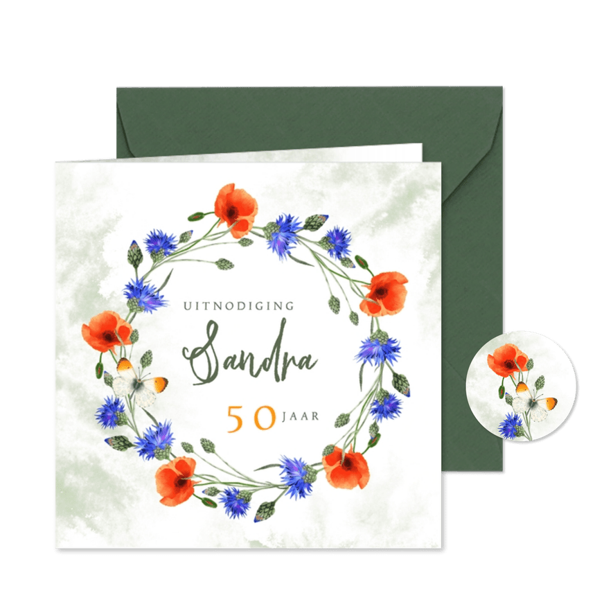 Uitnodigingskaart klaprozen en korenbloemen - Kaartimpressie