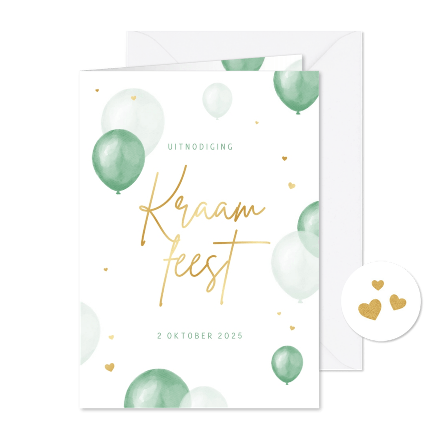 Uitnodigingskaart kraamfeest babyborrel unisex ballonnen - Kaartimpressie