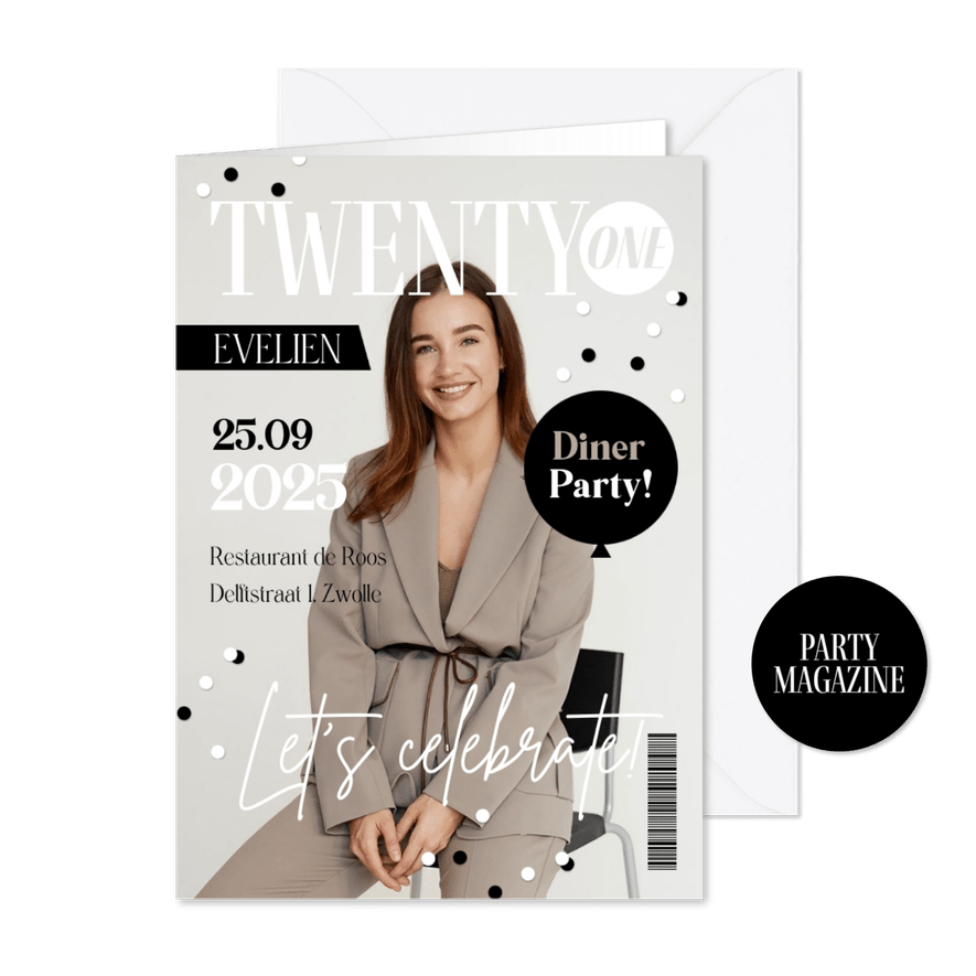Uitnodigingskaart magazine cover twenty one 21 confetti - Kaartimpressie
