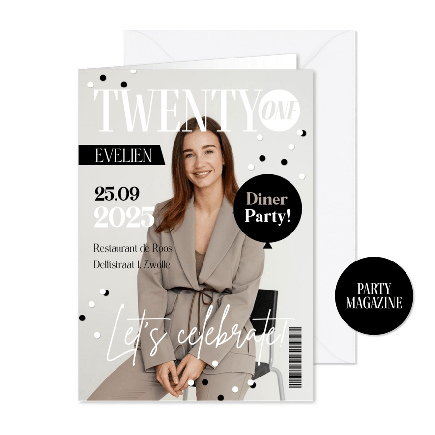 Uitnodigingskaart magazine cover twenty one 21 confetti - Kaartimpressie