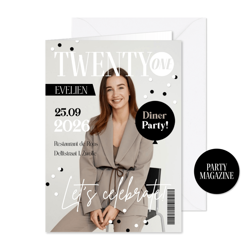 Uitnodigingskaart magazine cover twenty one 21 confetti - Kaartimpressie