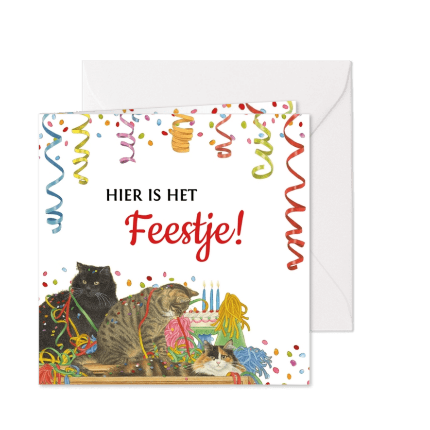 Uitnodigingskaart met feestelijke katten en confetti - Kaartimpressie