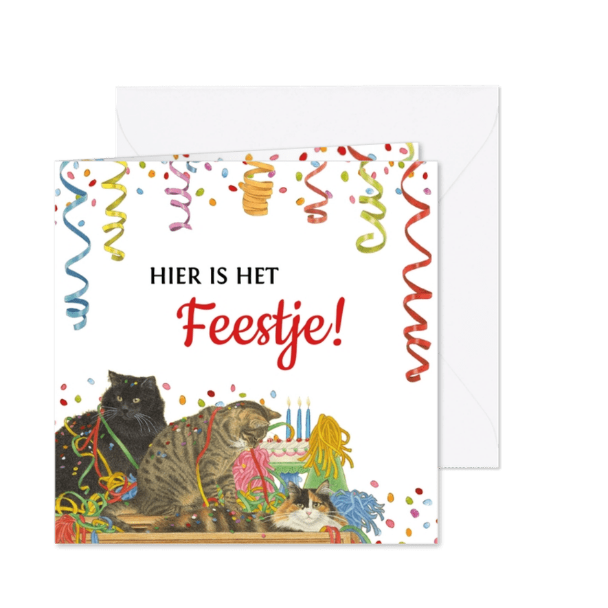 Uitnodigingskaart met feestelijke katten en confetti - Kaartimpressie