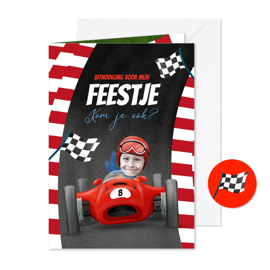 Uitnodigingskaart met foto en raceauto - Kaartimpressie