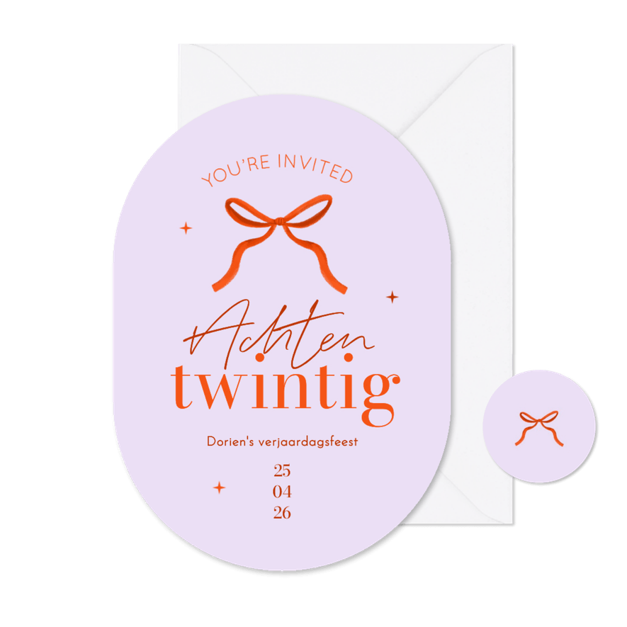 Uitnodigingskaart ovaal lila oranje strik vrouw verjaardag - Kaartimpressie