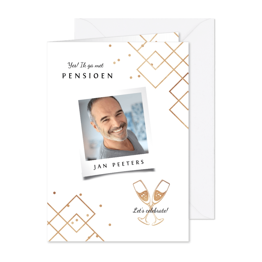 Uitnodigingskaart pensioen stijlvol goud champagne grafisch - Kaartimpressie