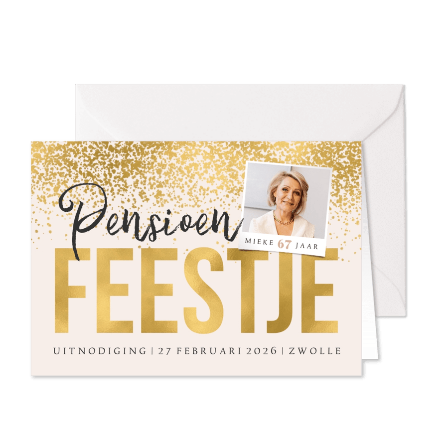 Uitnodigingskaart pensioenfeest foto goud uitnodiging - Kaartimpressie