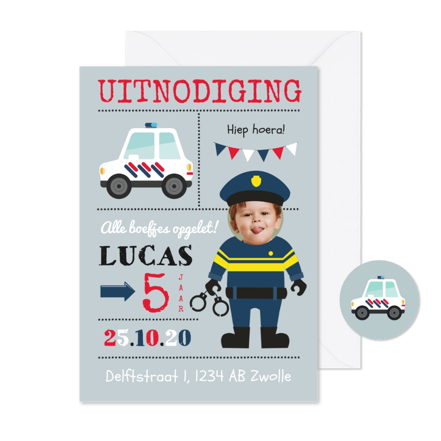 Uitnodigingskaart politie kind kinderfeestje agent slingers - Kaartimpressie