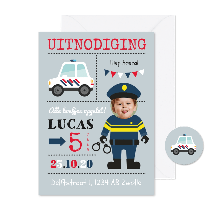 Uitnodigingskaart politie kind kinderfeestje agent slingers - Kaartimpressie