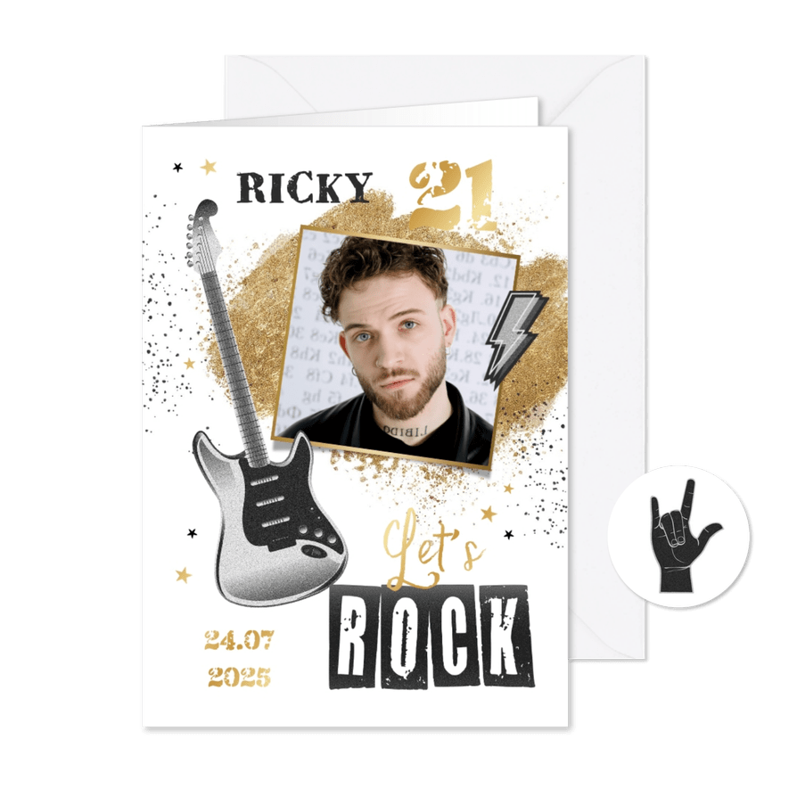 Uitnodigingskaart rock party muziek goud gitaar metal - Kaartimpressie
