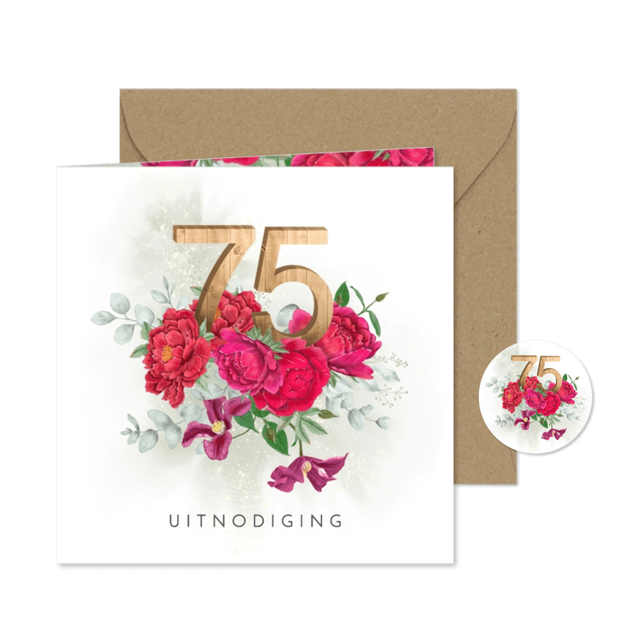 Uitnodigingskaart rode pioenrozen 75 jaar in hout - Kaartimpressie