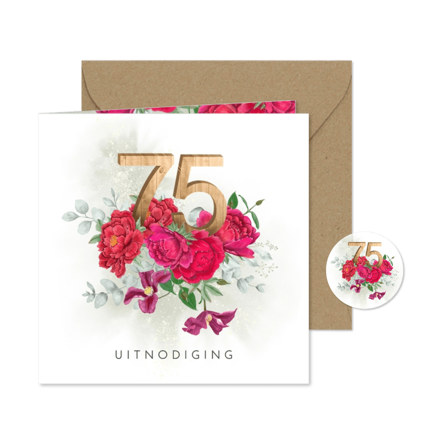 Uitnodigingskaart rode pioenrozen 75 jaar in hout - Kaartimpressie
