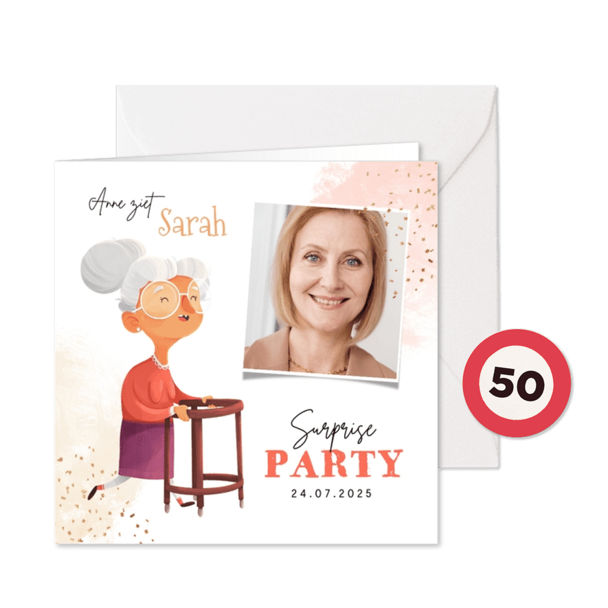 Uitnodigingskaart Sarah 50 jaar surprise grappig foto - Kaartimpressie