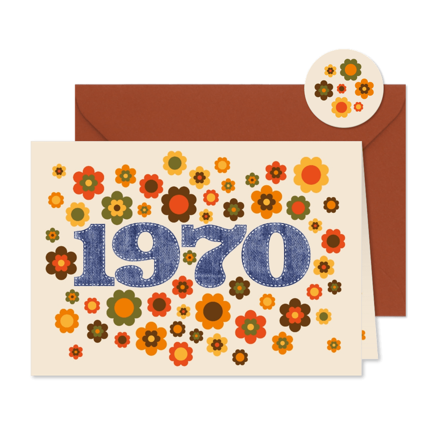 Uitnodigingskaart seventies flowerpower 1970 - Kaartimpressie