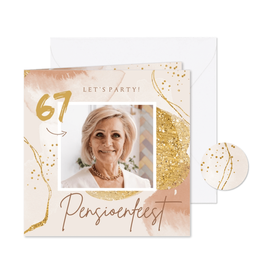 Uitnodigingskaart stijlvol goud waterverf foto pensioen - Kaartimpressie