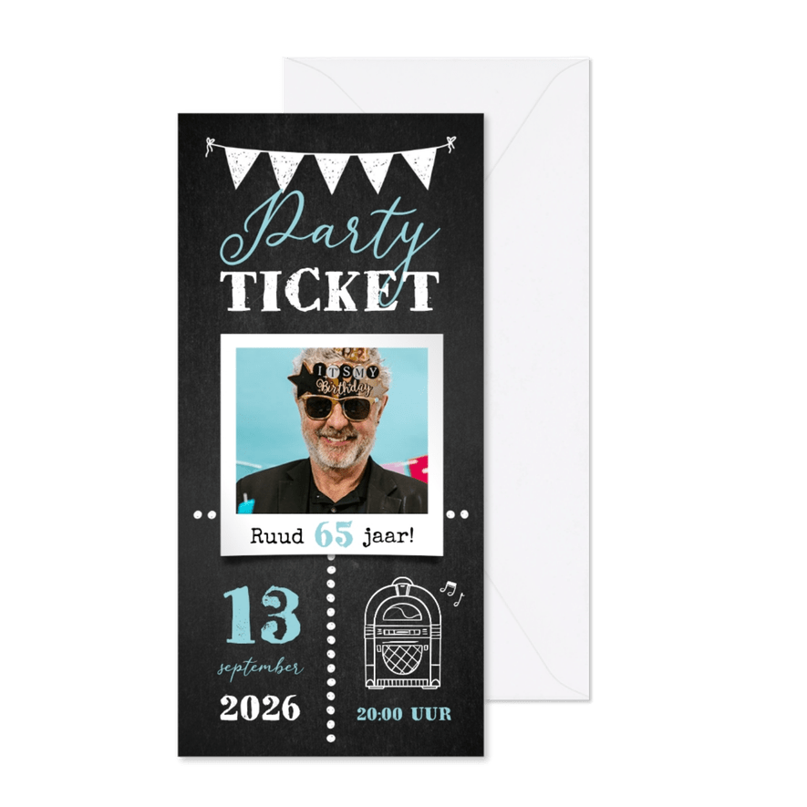 Uitnodigingskaart ticket verjaardag pensioen krijt foto - Kaartimpressie