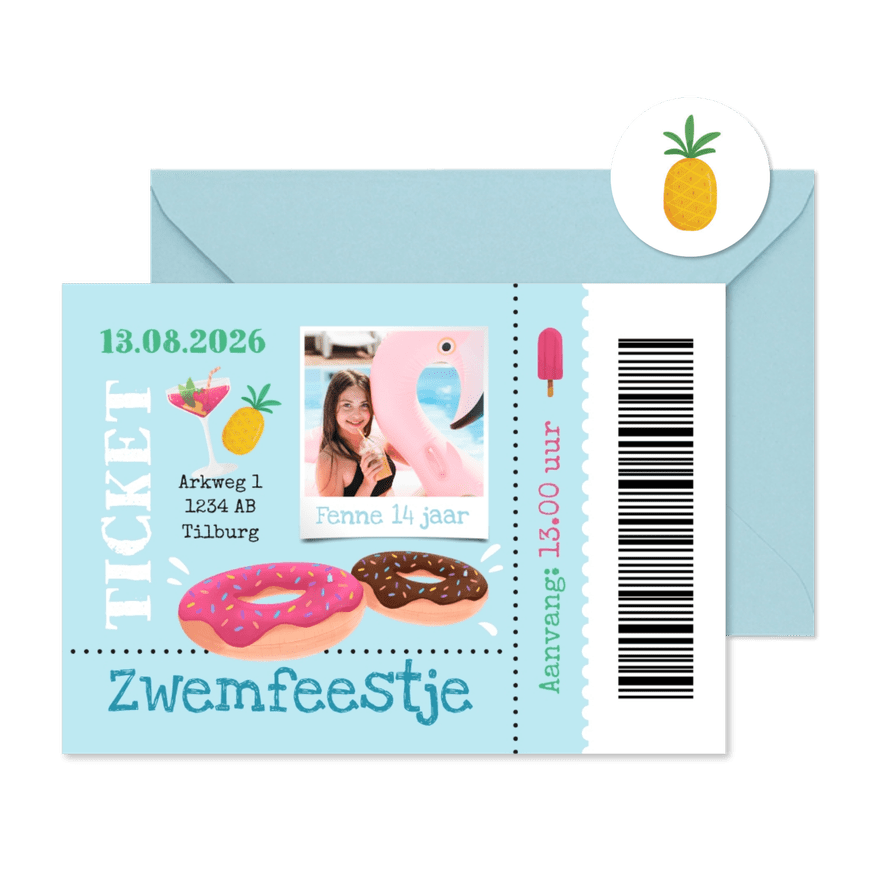Uitnodigingskaart ticket zwemfeestje tropisch donut foto  - Kaartimpressie