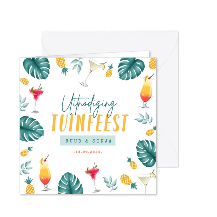 Uitnodigingskaart tuinfeest tropisch cocktails zomer - Kaartimpressie
