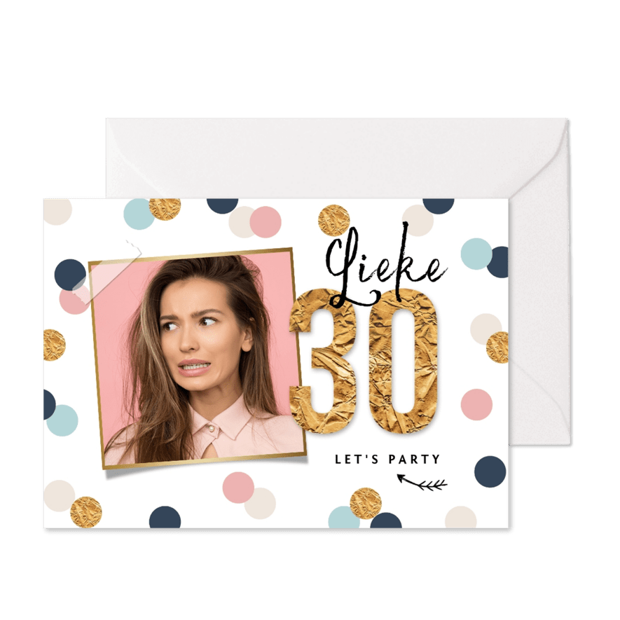 Uitnodigingskaart verjaardag 30 vrouw confetti goud hip - Kaartimpressie