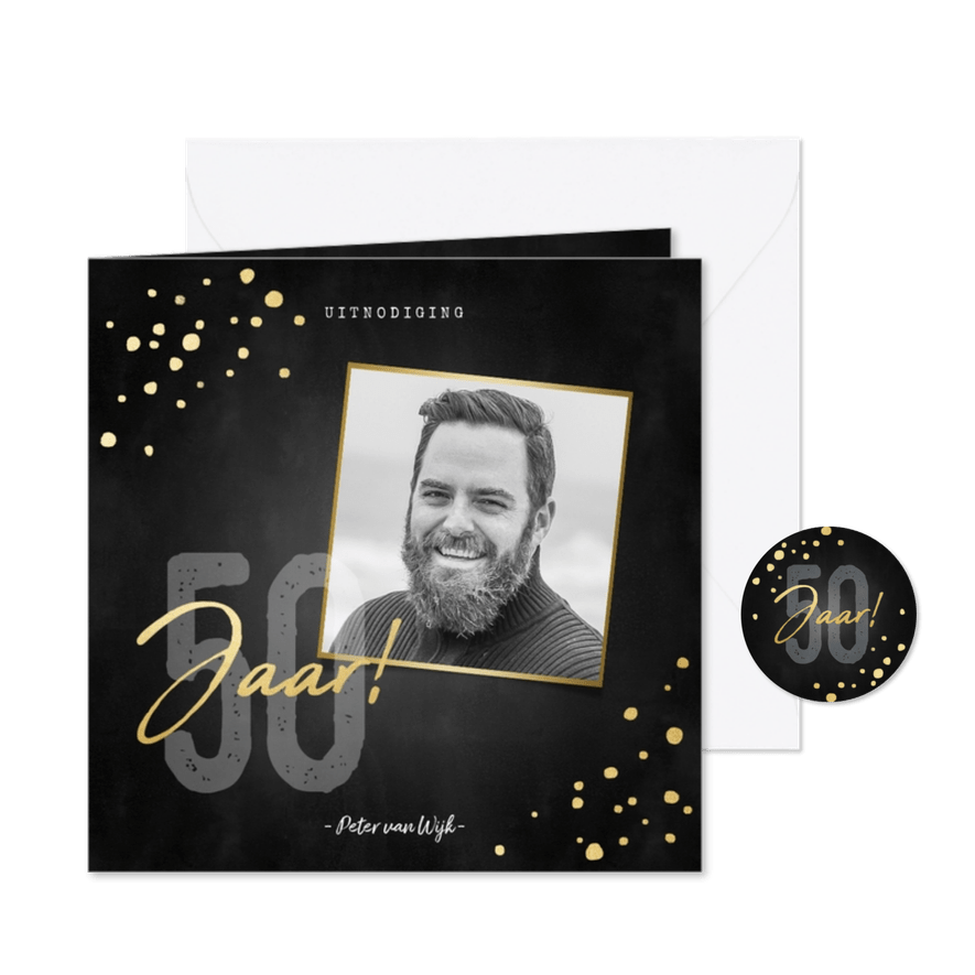 Uitnodigingskaart verjaardag 50 jaar gouden spetters en foto - Kaartimpressie