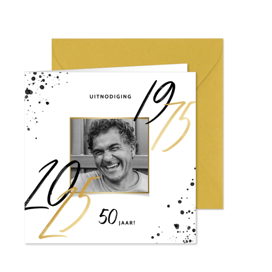Uitnodigingskaart verjaardag 50 zwarte spetters & jaartallen - Kaartimpressie
