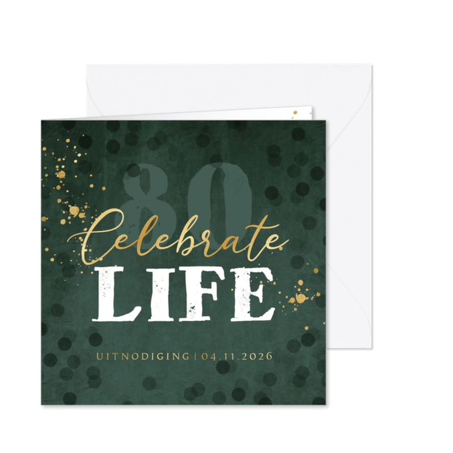 Uitnodigingskaart verjaardag 80 velvet confetti goudfolie - Kaartimpressie