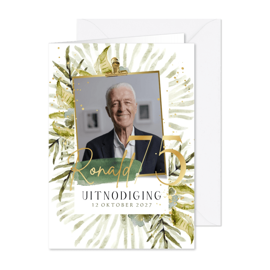 Uitnodigingskaart verjaardag getal goudfolie botanisch foto - Kaartimpressie