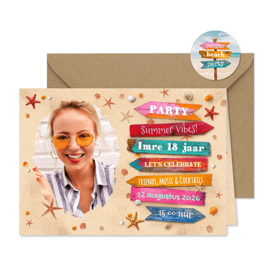 Uitnodigingskaart verjaardag summer beach party wegwijzers - Kaartimpressie