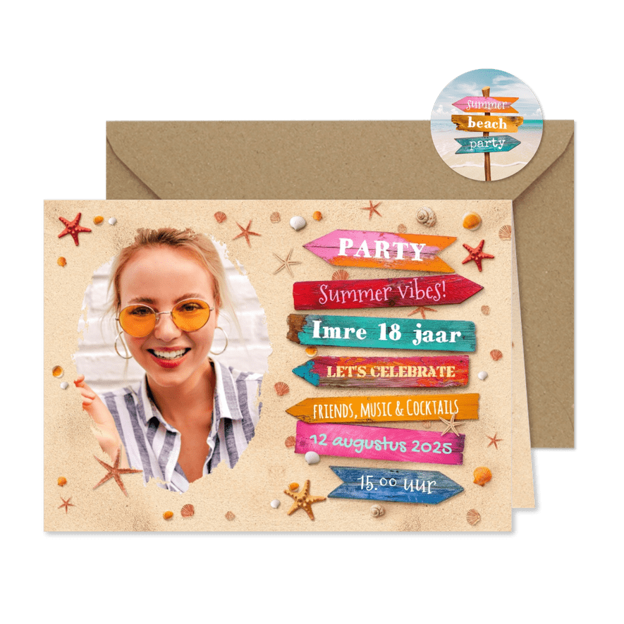 Uitnodigingskaart verjaardag summer beach party wegwijzers - Kaartimpressie